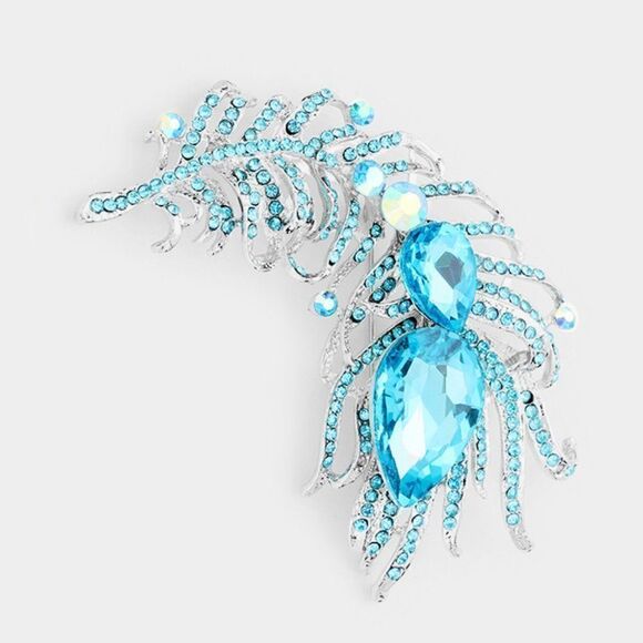 Curved Feather Aqua Crystal Teardrop Brooch - Picture 3 of 5